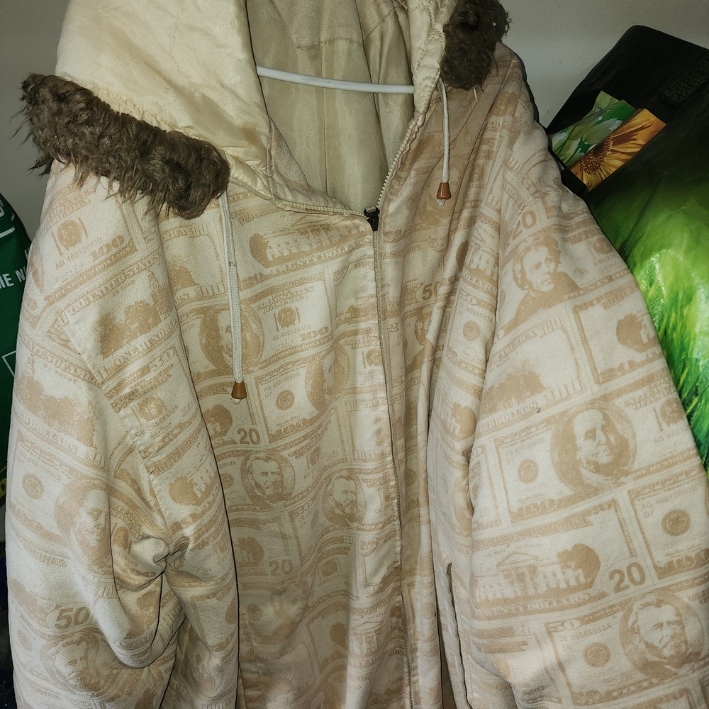 Mens 5xl Cream Hooded Jacket with Faux Fur Trim